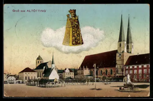 AK Altötting, Blick zur Stiftskirche, Marienfigur