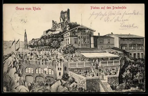 AK Drachenfels /Rhein, Plateau auf dem Drachenfels, Burgruine, Aussichtsterrasse, Gasthaus