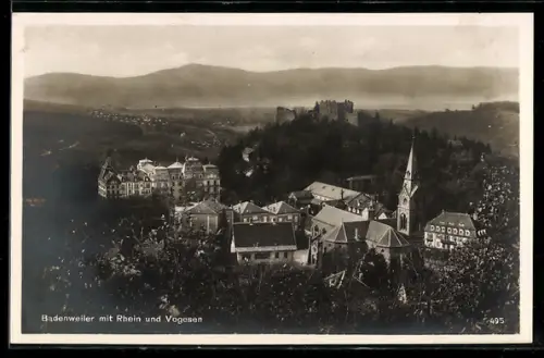 AK Badenweiler, Ortsansicht mit Rhein u. Vogesen, Burgruine