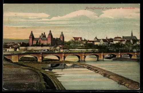 AK Aschaffenburg, Partie an der Mainbrücke mit Blick zum Schloss Johannisburg