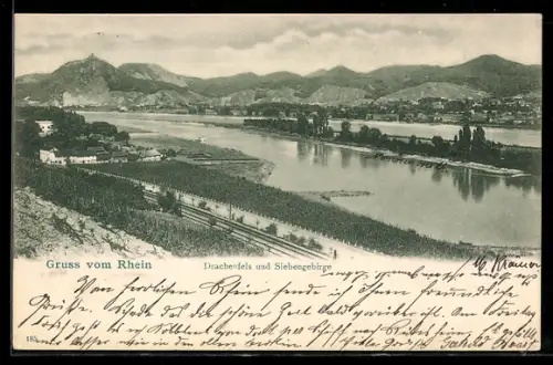 AK Königswinter, Ortsansicht mit Drachenfels und Siebengebrige