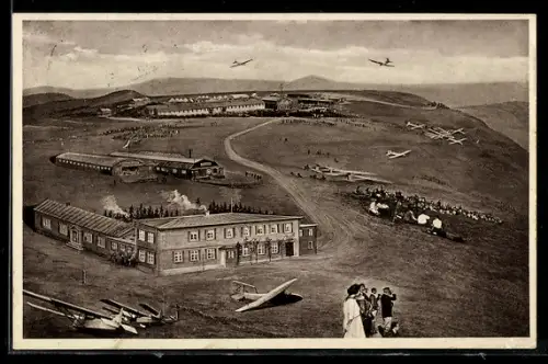 AK Wasserkuppe /Rhön, Berggasthof Wasserkuppe mit Flugzeugen