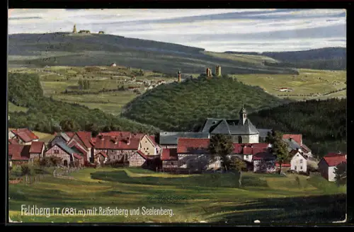 AK Seelenberg i. T., Ortsansicht mit Reifenberg und Feldberg, Burgruine