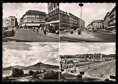 AK Giessen /Lahn, Kreuzplatz, Marktplatz, Landschaft Gleiberg, Schwimmbad