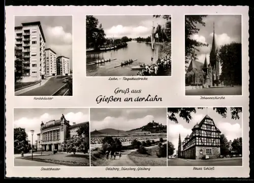 AK Giessen an der Lahn, Hochhäuser, Lahn-Regattastrecke, Johanneskirche, Stadttheater, Dünsberg, Neues Schloss