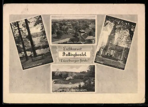 AK Fallingbostel /Lüneburger Heide, Kirche, Blick vom Kirchturm, H. Löns Ruhestätte, Böhmetal