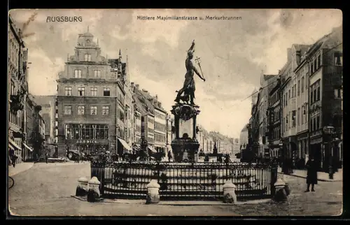 AK Augsburg, Mittlere Maximilianstrasse, Merkurbrunnen