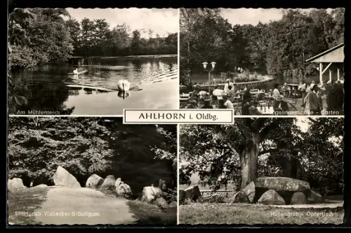 AK Ahlhorn i. Oldbg., Mühlenteich, Ingenieurmühle-Garten, Steingrab Visbeker Bräutigam, Hügelgrab-Opfertisch