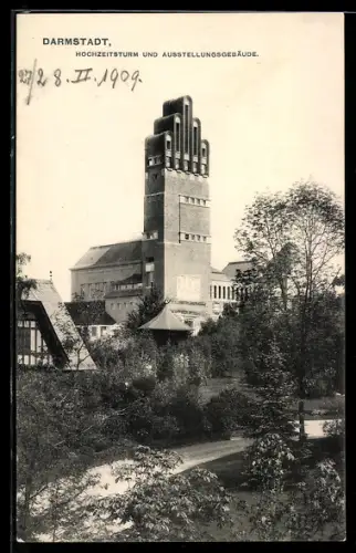 AK Darmstadt, Hochzeitsturm und Ausstellungsgebäude