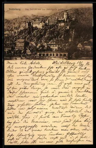 AK Heidelberg, Schloss von der Hirschgasse gesehen