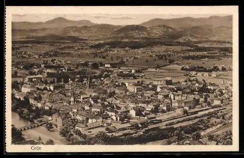 AK Celje, Stadtpanorama mit Fluss und Bahnhof