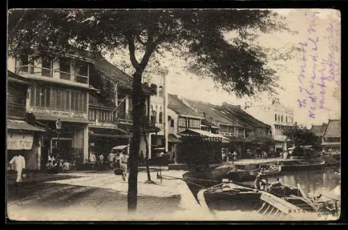 AK Batavia, Strasse am Kanal mit Booten und Kolonialbauten
