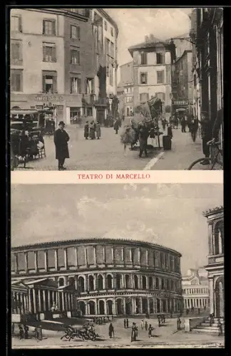 AK Roma, Veduta del Teatro di Marcello e scena di strada animata