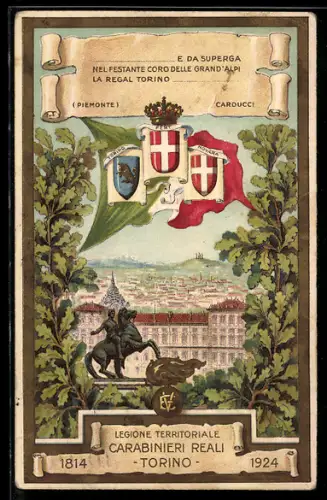 AK Torino, Vista panoramica con stemmi e monumento ai Carabinieri Reali