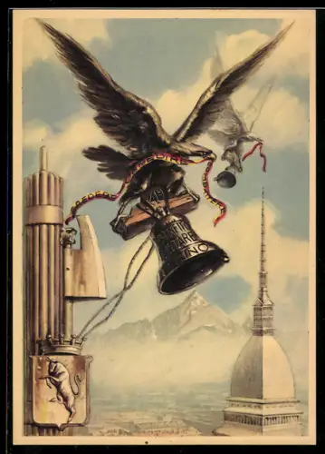 AK Torino, Aquila con campana sopra il paesaggio e la Mole Antonelliana