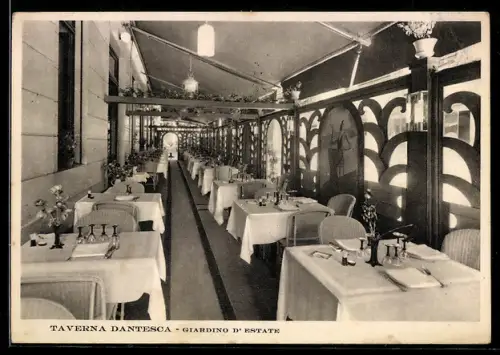 AK Torino, Taverna Dantesca, Giardino d`Estate, elegante ristorante all`aperto con tavoli apparecchiati