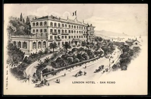 Lithographie San Remo, London Hotel con giardini e carrozze