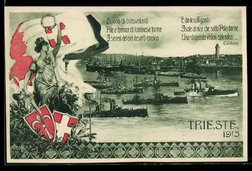 AK Trieste, Panorama del porto con navi e illustrazione artistica