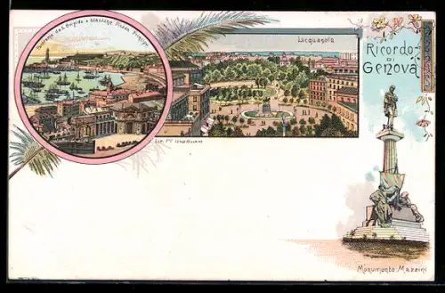Lithographie Genova, Vedute del porto, Acquasola e Monumento Mazzini