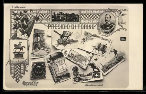 AK Torino, Collage storico con immagini del Presidio di Torino e ritratto di figura regale