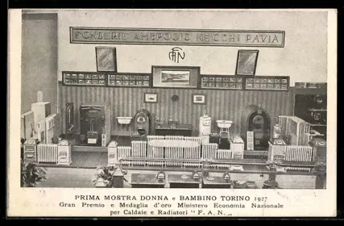 AK Torino, Prima Mostra Donna e Bambino 1927, esposizione caldaie e radiatori F.A.N