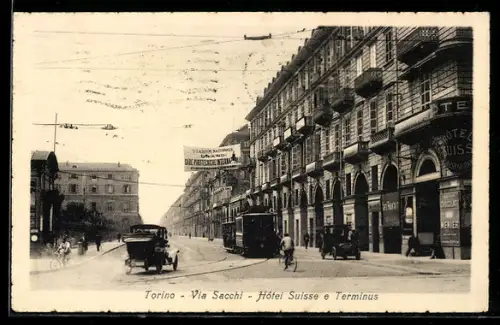 AK Torino, Via Sacchi, Hôtel Suisse e Terminus