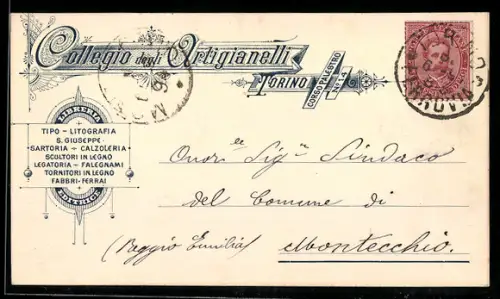 AK Torino, Collegio degli Artigianelli, cartolina postale indirizzata al sindaco di Montecchio