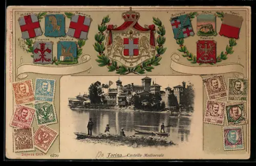AK Torino, Castello Medievale, Briefmarken, Wappen
