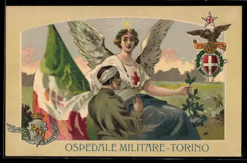 AK Torino, Ospedale Militare, figura allegorica e soldato ferito, Rotes Kreuz