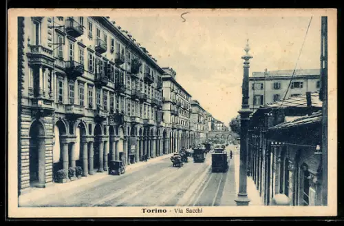 AK Torino, Via Sacchi con edifici storici e traffico di inizio secolo, Strassenbahn