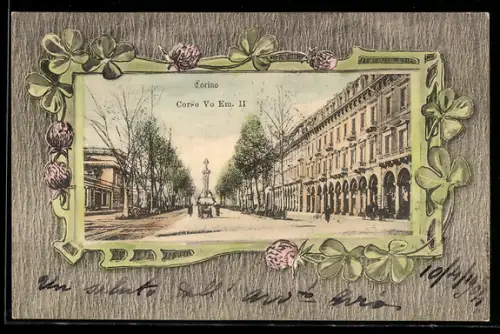 AK Torino, Corso V. Emanuele II con carrozza e alberi