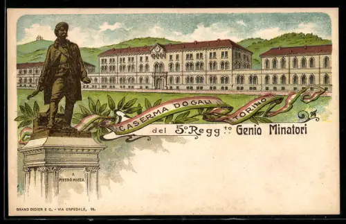 Lithographie Torino, Caserma Dogali del 5° Regg. to Genio Minatori e il monumento a Pietro Micca