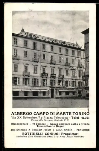 AK Torino, Albergo e Ristorante Campo di Marte, Via XX Settembre, Propr. Bottinelli Coniugi