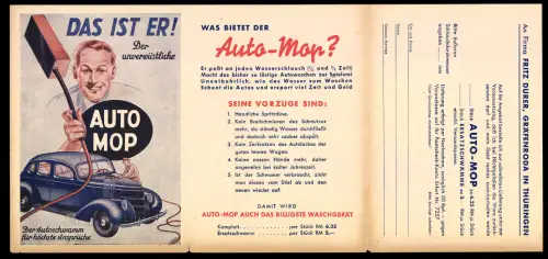 Klapp-AK Gräfenroda in Thüringen, Firma Fritz Dürer, Reklame für Auto Mop