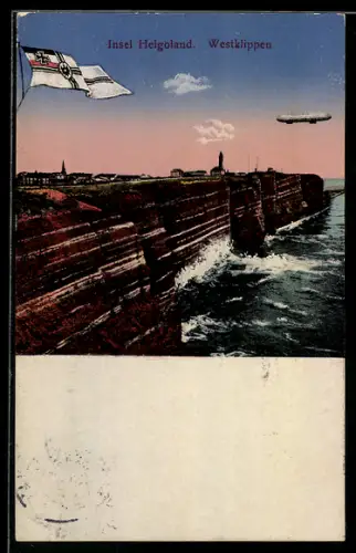 AK Insel Helgoland, Westklippen mit Ortsblick, Fahne und Zeppelin