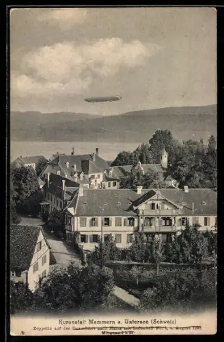 AK Mammern a. Untersee, Zeppelin auf der Fahrt nach Mainz mit Luftschiff No. 4 1908 über der Kuranstalt