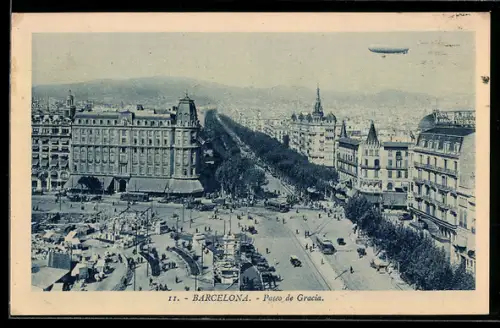 AK Barcelona, Pasco de Gracia, Zeppelin, Strassenbahn