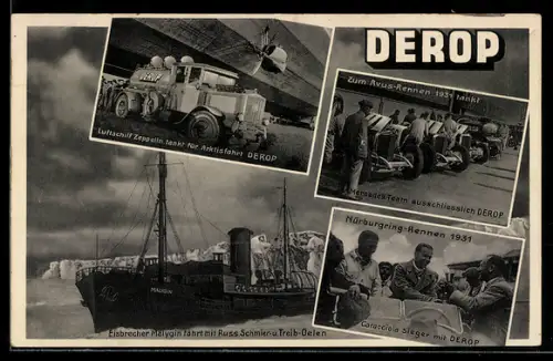 AK Derop-Reklame, Eisbrecher Malygin, Caracciola beim Nürburgring-Rennen 1931, Zeppelin tankt Derop