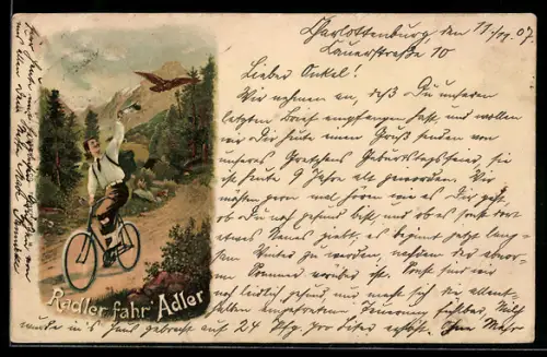 Lithographie Mann auf einem Adler Fahrrad in den Bergen