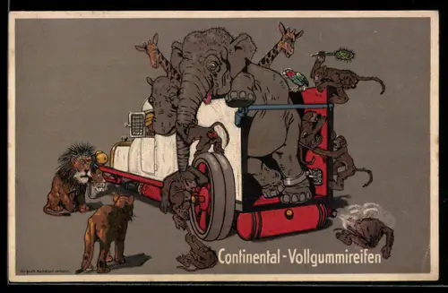 AK Vollbeladener Lastkraftwagen mit Elefant, Nilpferd und Giraffen, Reklame für Continental-Vollgummireifen