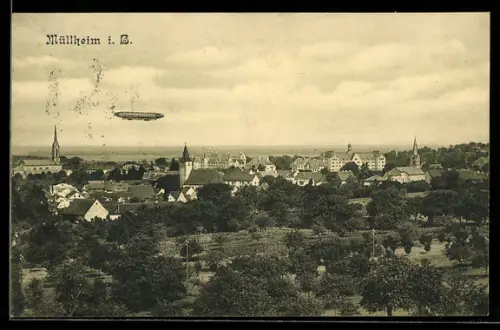 AK Müllheim i. B., Zeppelin über dem Ort