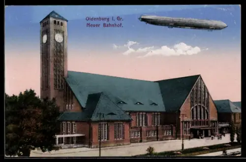 AK Oldenburg i. Gr., Neuer Bahnhof und Zeppelin