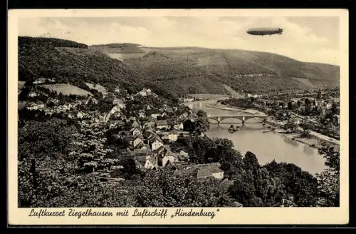 AK Ziegelhausen, Ortsansicht mit Zeppelin Luftschiff Hindenburg