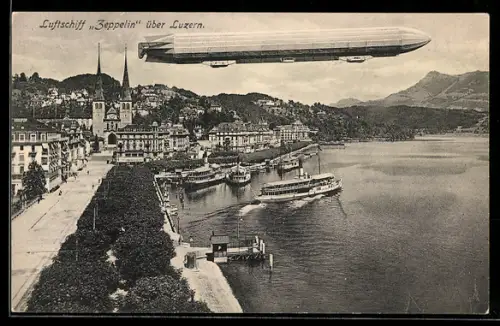 AK Luzern, Teilansicht und Dampfer mit Zeppelin in der Luft