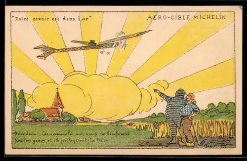 Künstler-AK Aero-Cible Michelin, Michelin-Mann und Bauer beobachten ein Flugzeug
