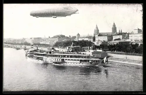 AK Mainz, Rheinkai mit Zeppelin-Ballon