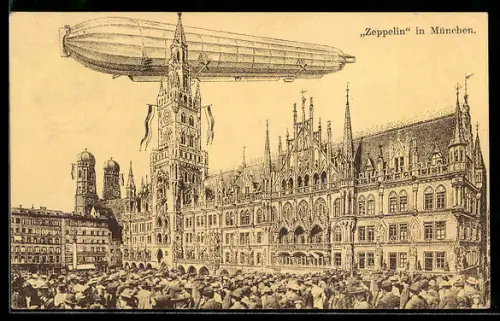 Künstler-AK München, Zeppelin im Fluge über dem Rathaus