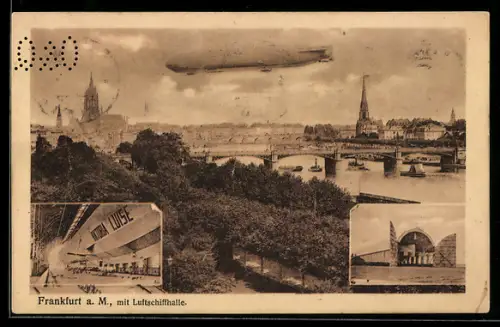 AK Frankfurt a. M., Zeppelin über der Stadt, Luftschiffhalle