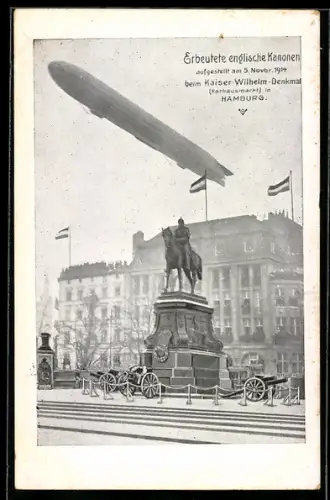 AK Hamburg, Erbeutete engl. Kanonen beim Kaiser Wilhelm Denkmal am 5. Nov. 1914, Luftschiff am Himmel