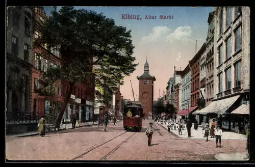 AK Elbing, Alter Markt mit Geschäften und Strassenbahn